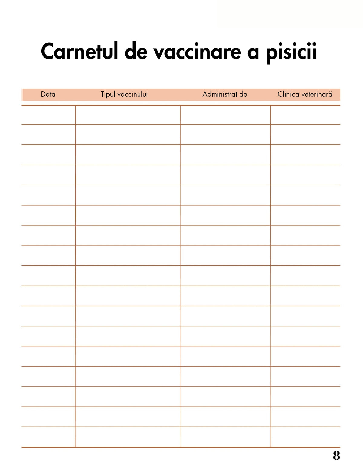 Interior Jurnalul de Îngrijire al Pisicii Tale PDF – pagini pentru monitorizarea sănătății, alimentației și comportamentului, cotomag.ro