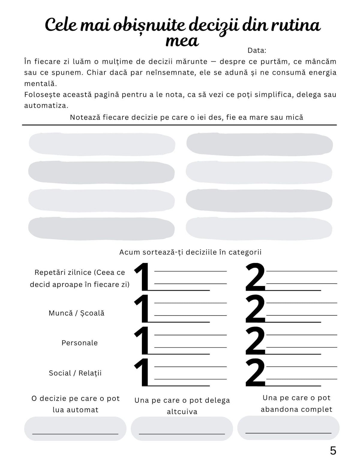 Interior Jurnalul unei Minți Epuizate de Luarea Constantă a Deciziilor PDF – exerciții și întrebări pentru claritate mentală, cotomag.ro