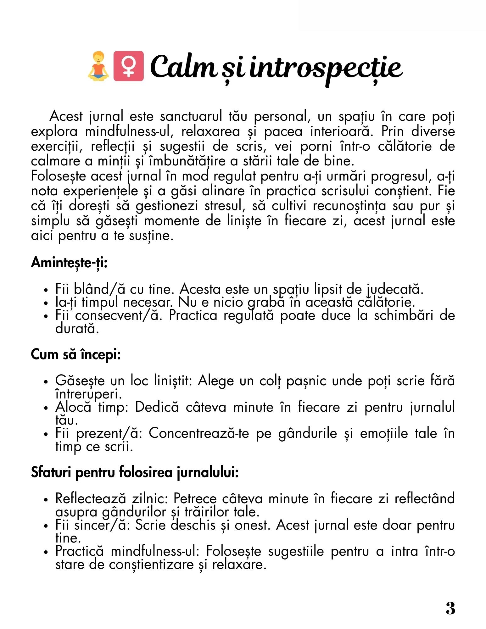 Interior Jurnalul pentru o Minte Liniștită PDF – exerciții și întrebări pentru liniștirea minții și calmare, cotomag.ro