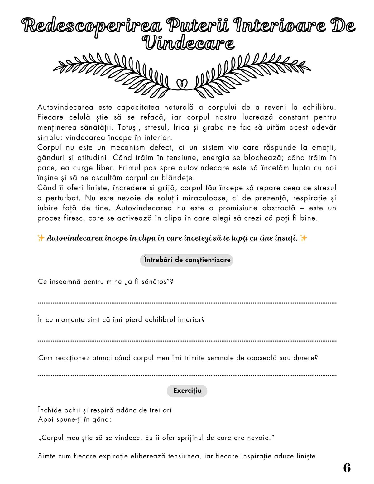 Interior Jurnalul Puterea Autovindecării PDF – exerciții și întrebări pentru conștientizare corporală și emoțională, cotomag.ro