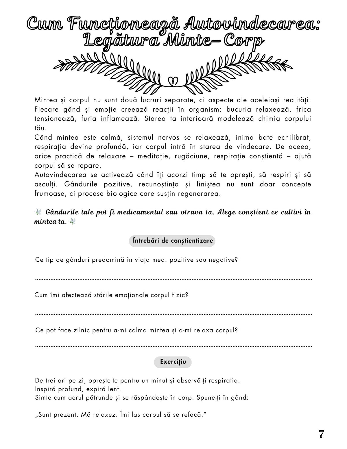 Interior Jurnalul Puterea Autovindecării PDF – exerciții și întrebări pentru conștientizare corporală și emoțională, cotomag.ro