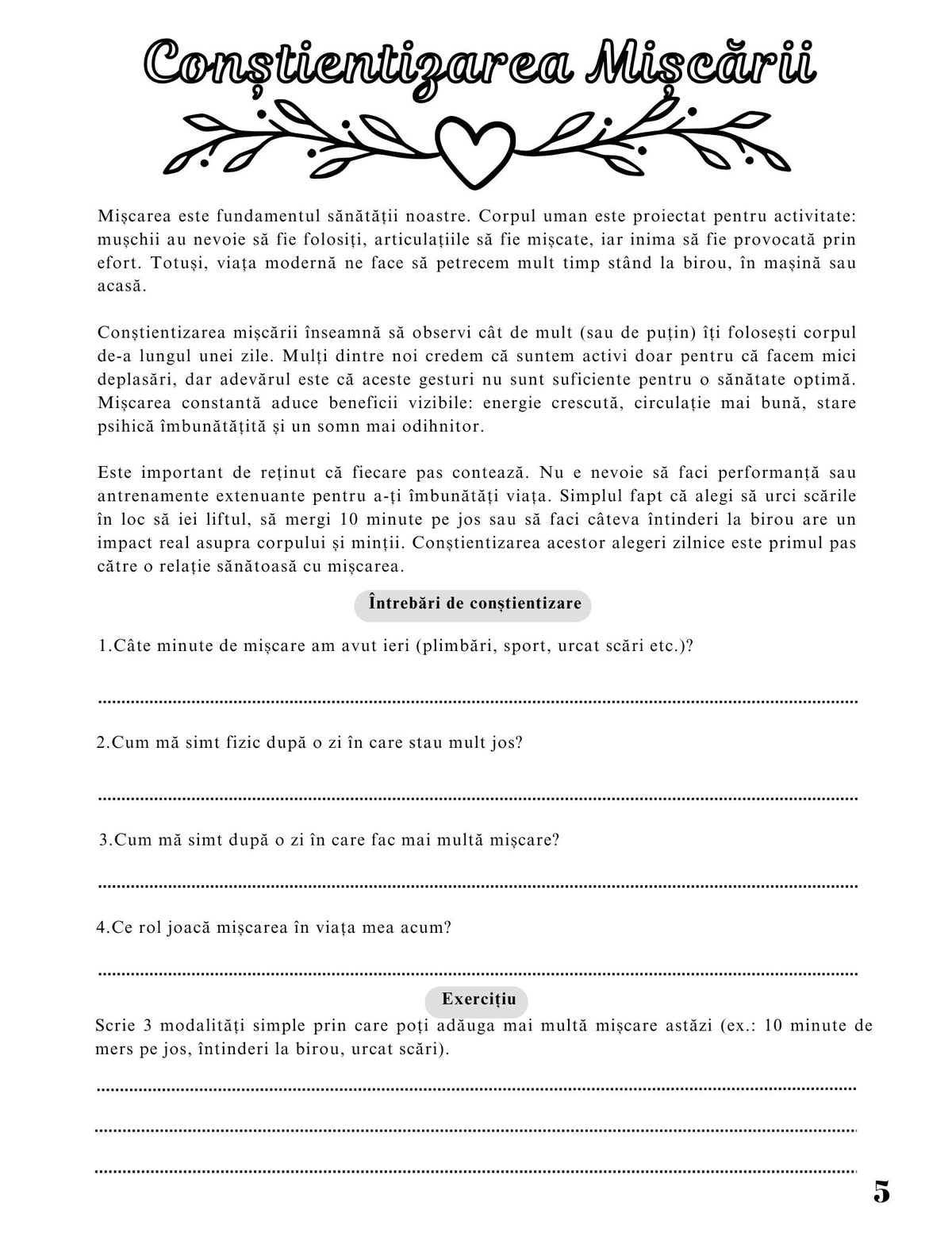 Interior Jurnalul Sănătății Mele PDF Sportul și Mișcarea – exerciții și teme despre construirea unei rutine active și conștientizare corporală, cotomag.ro