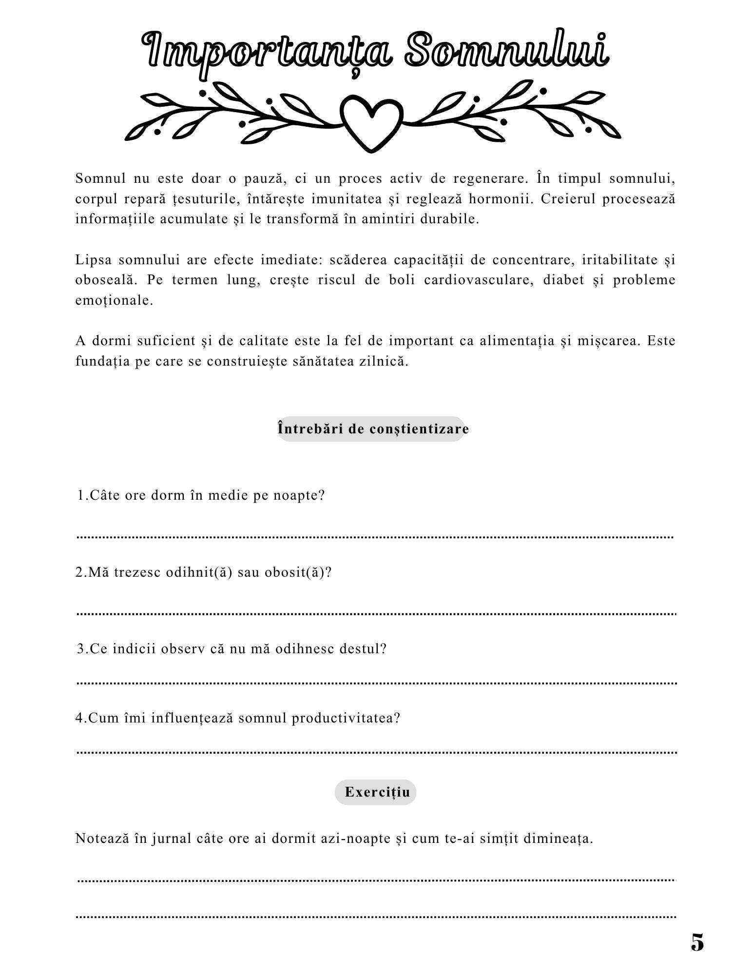 Interior Jurnalul Sănătății Mele PDF Somnul și Odihna – monitorizare zilnică și exerciții practice pentru îmbunătățirea calității somnului și rutinei de seară, cotomag.ro
