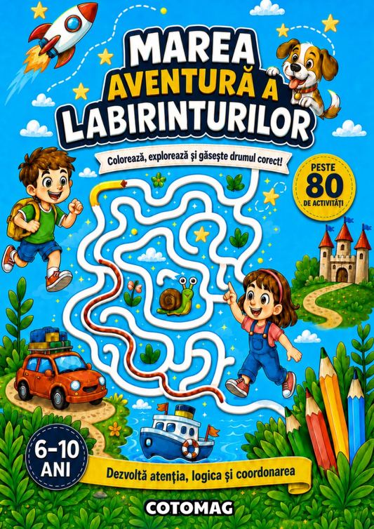 Marea Aventură a Labirintelor PDF – Explorează, Colorează și Găsește Drumul Corect, carte de activități digitală pentru copii, cotomag.ro