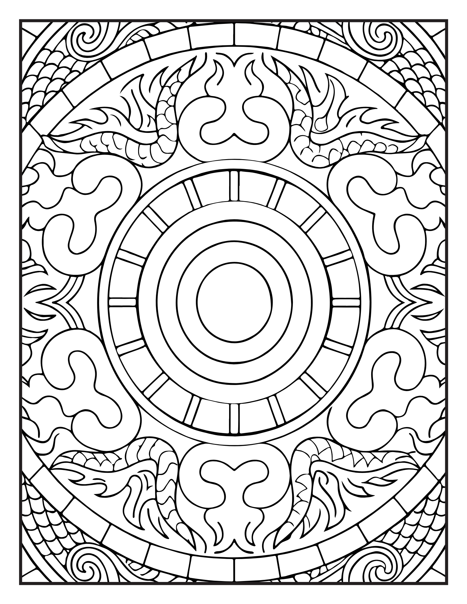 Interior Universul Mandalelor PDF – exemplu de mandală complexă de colorat, cu pagină albă protectoare la printare, cotomag.ro